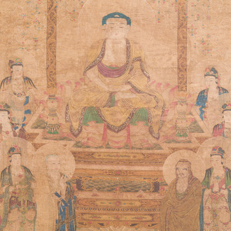 Chinese school: 'Buddha seated on a lotus throne', ink and colour on silk, 18/19th C.