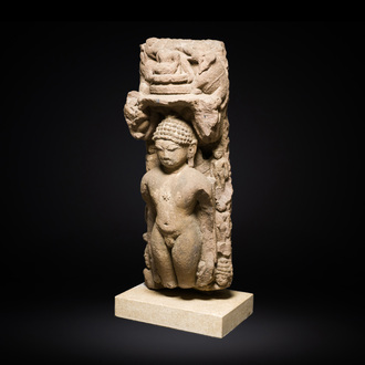 A red sandstone stele of the standing Jain Thirtankara Parshvanatha, India, Pala period, 11th C.