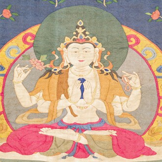 A Chinese kesi silk weaving depicting 'Buddha sitting on a lotus throne', Qing