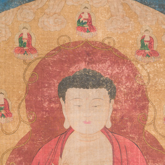 Chinese school: 'Buddha standing on two lotus flowers', ink and colour on silk, 18/19th C.