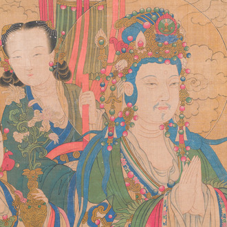 Chinese school: 'Bodhisattva with two servants', ink and colour on silk, 18/19th C.