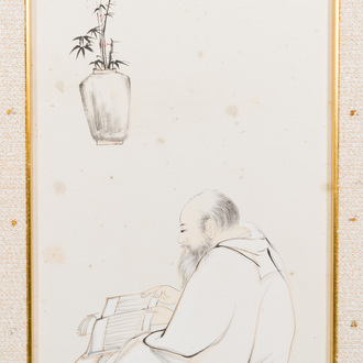 Chinese school, signed Zhang Daqian 張大千 (1898-1983): 'A sage and calligraphy', ink and colour on paper, dated 1957