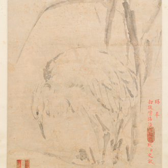 Chinese school, anonymous, in the collection of Shi Min 史敏 (1415-?): 'Heron and acorus', watercolour on paper, dated 1427 but probably later