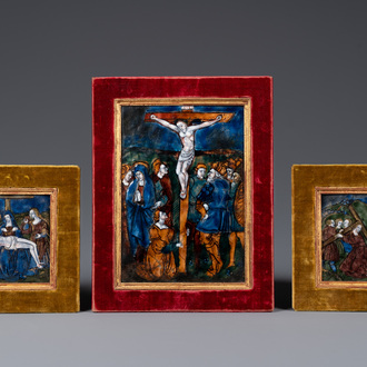 Three Limoges enamel plaques depicting stations of the Cross, France, 16/17th C.