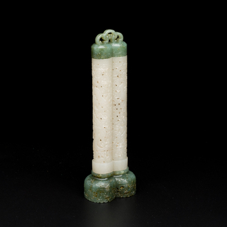 A Chinese reticulated white jade parfumier with spinach-green jade cover and base, Qing