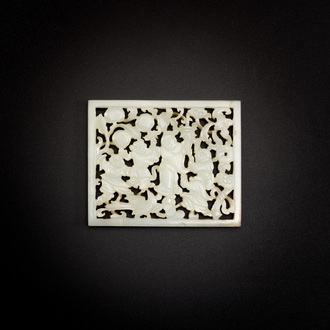 A Chinese reticulated pale celadon jade 'five playing boys' plaque, Ming
