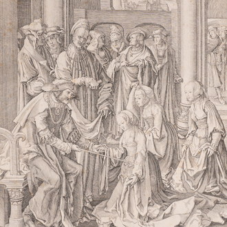 Lucas van Leyden (1494-1533): Esther knielt voor Ahasverus, gravure, 16e eeuw