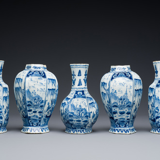 A small Dutch Delft blue and white garniture of five vases, 18th C.