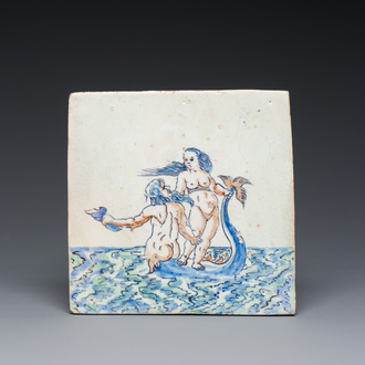 A polychrome Dutch Delft 'seacreatures' tile, Rotterdam, early 17th C.