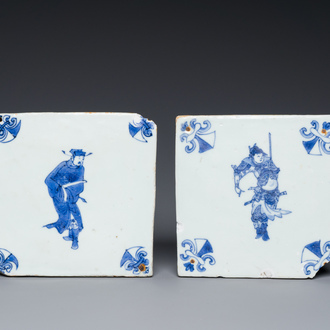 Two rare Chinese blue and white tiles with a scholar and a guardian, Transitional period