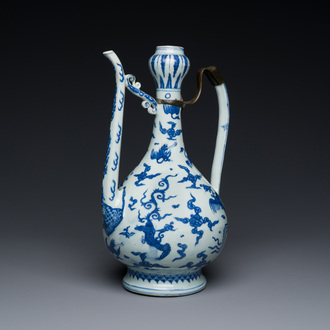 A Chinese blue and white jug with cranes among clouds, Chang Ming Fu Gui 長命富貴 mark, Ming