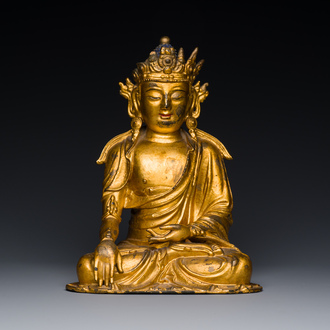 A fine Chinese gilt bronze sculpture of Shakyamuni Buddha, 15/16th C.