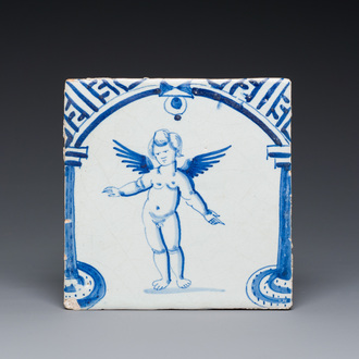 A rare Dutch Delft blue and white tile with a large cherub below a gate, 1st half 17th C.
