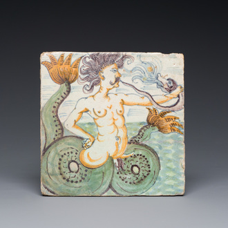 An exceptional polychrome Dutch Delft 'Triton' tile, Rotterdam, early 17th C.