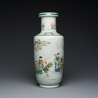 A Chinese famille verte rouleau 'Eight immortals' vase, Kangxi