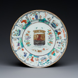 A Dutch-decorated Chinese armorial famille verte porcelain dish with the arms of the province of Zeeland, Kangxi/Yongzheng