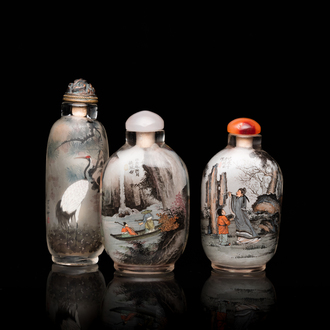 Three Chinese inside-painted glass snuff bottles, 20th C.