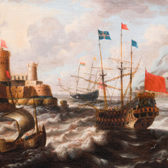 Peter van den Velde (1634-1723/1724, toegeschr. aan): 'Havenzicht met vier schepen op zee', olie op doek