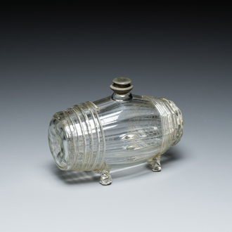 A German barrel-shaped glass bottle with pewter screw cap, 17/18th C.