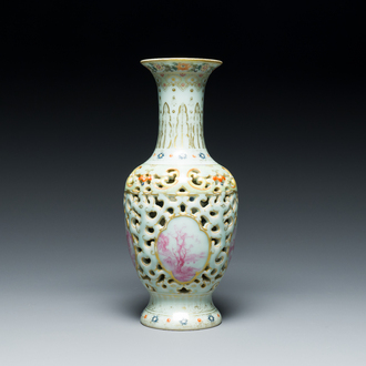 A Chinese famille rose reticulated double-walled vase, Qianlong mark, Republic