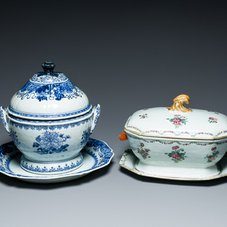 Two Chinese blue, white and famille rose tureens and covers on stands, Qianlong