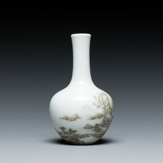 A Chinese grisaille-decorated bottle vase with a fine landscape, Qianlong mark, 20th C.