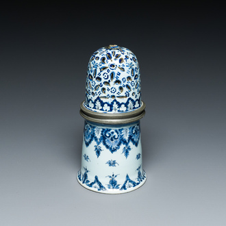 A blue and white French faience caster with pewter mounts, Rouen, 18th C.