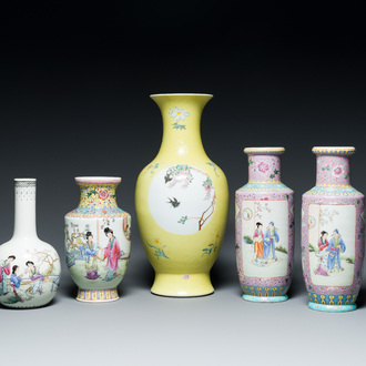 Five Chinese famille rose vases, Qianlong marks, 20th C.