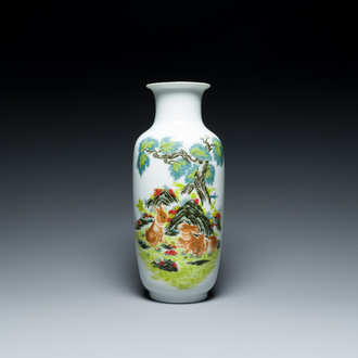 A Chinese vase with printed decoration of rabbits, Huai Ren Tang 懷仁堂 mark, Cultural Revolution, dated 1962