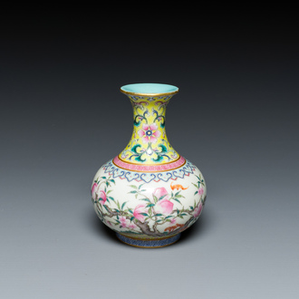 A small Chinese famille rose 'nine peaches' bottle vase, Jiaqing mark, 20th C.