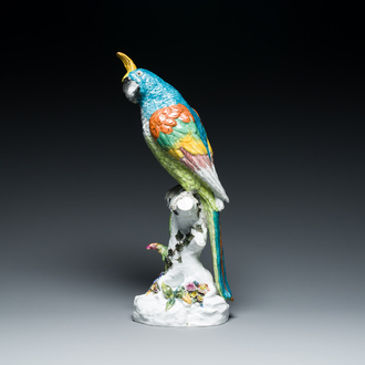A large polychrome Meissen porcelain sculpture of a perched parrot, Germany, 19th C.