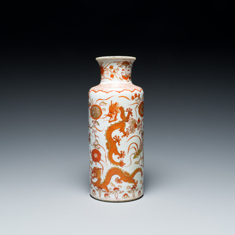 A Chinese iron-red and gilt rouleau 'dragons' vase, Kangxi