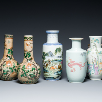 Five Chinese famille rose and verte vases, 19/20th C.