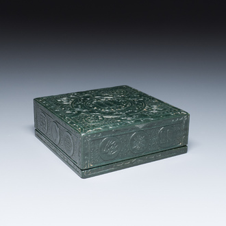 A square Chinese spinach jade box and cover, 19th C.