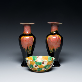 A pair of Chinese flambé-glazed vases and a sancai-glazed bowl, Kangxi and 19th C.
