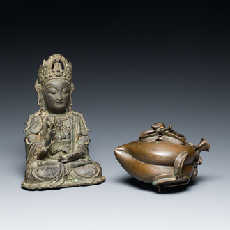 A Chinese bronze Buddha and a peach-shaped incense burner, Ming and Qing
