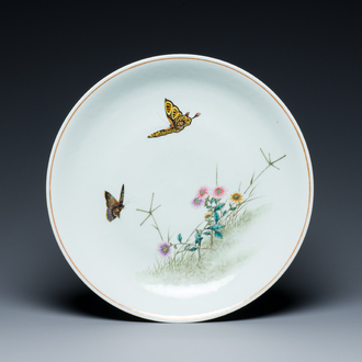 A Chinese famille rose 'butterflies' dish, Jingdezhen 景德鎮 mark, dated 1955