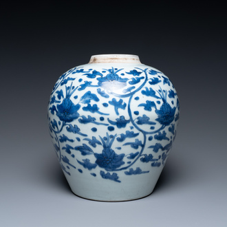 A Chinese blue and white 'lotus scroll' jar, Transitional period