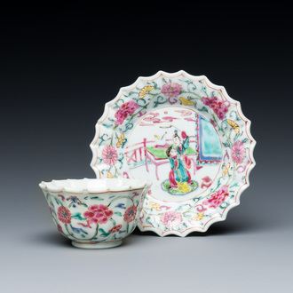 Tasse et soucoupe en porcelaine de Chine famille rose à décor d'une scène du 'Xi Xiang Yi', Yongzheng