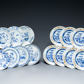 14 Chinese blue, white and verte-Imari plates, Kangxi/Qianlong