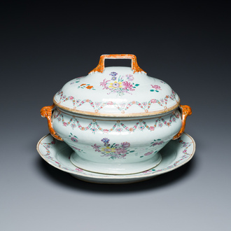 A Chinese famille rose tureen and cover on stand, Qianlong