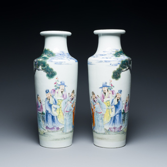 A pair of Chinese famille rose rouleau vases, Qianlong mark, Republic