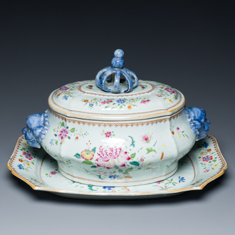 A Chinese famille rose tureen and cover on stand with floral design, Qianlong