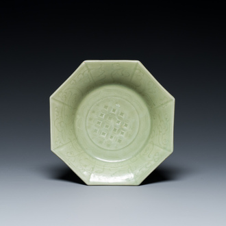 A Chinese octagonal Longquan celadon dish with underglaze design, Ming