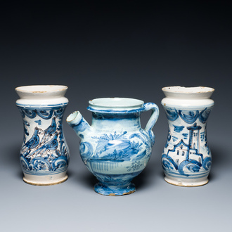 A pair of Italian blue, white and manganese albarelli and a wet drug jar, Savona, 17th C.