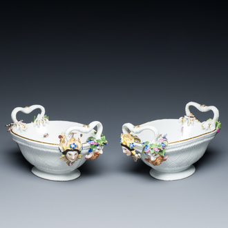 A pair of oval polychrome Meissen porcelain 'four seasons' baskets with insects, Germany, ca. 1745