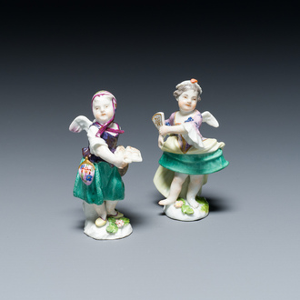 Two putti disguised as a dancer and a courtesan in polychrome Meissen porcelain, Germany, 18th C.