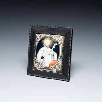 A Limoges enamel plaque depicting Saint Regis, signed Jean Baptiste II Nouailher, France, 18th C.