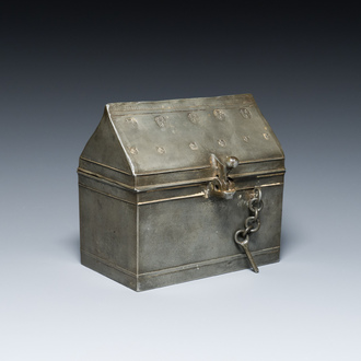 A French pewter casket or chrismatorium with impressed fleur-de-lis seals, 17th C.