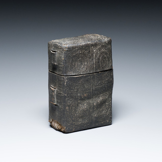 A leather book box with incised floral design, France or Italy, 15th C.